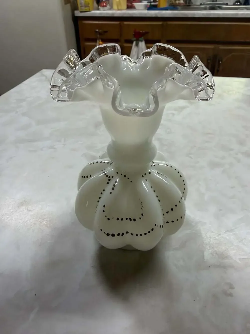 Vintage Fenton Silvercrest Beaded Melon Vase White Milk Glass with Clear Ruffled
